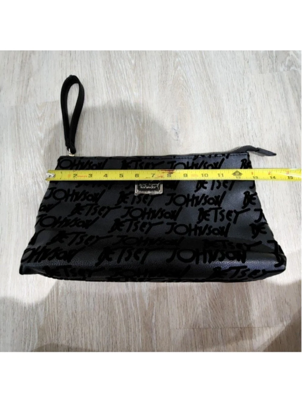 Betsey Johnson Clutch Bag Womens Small Black Logo Wristlet Faux Leather Zip